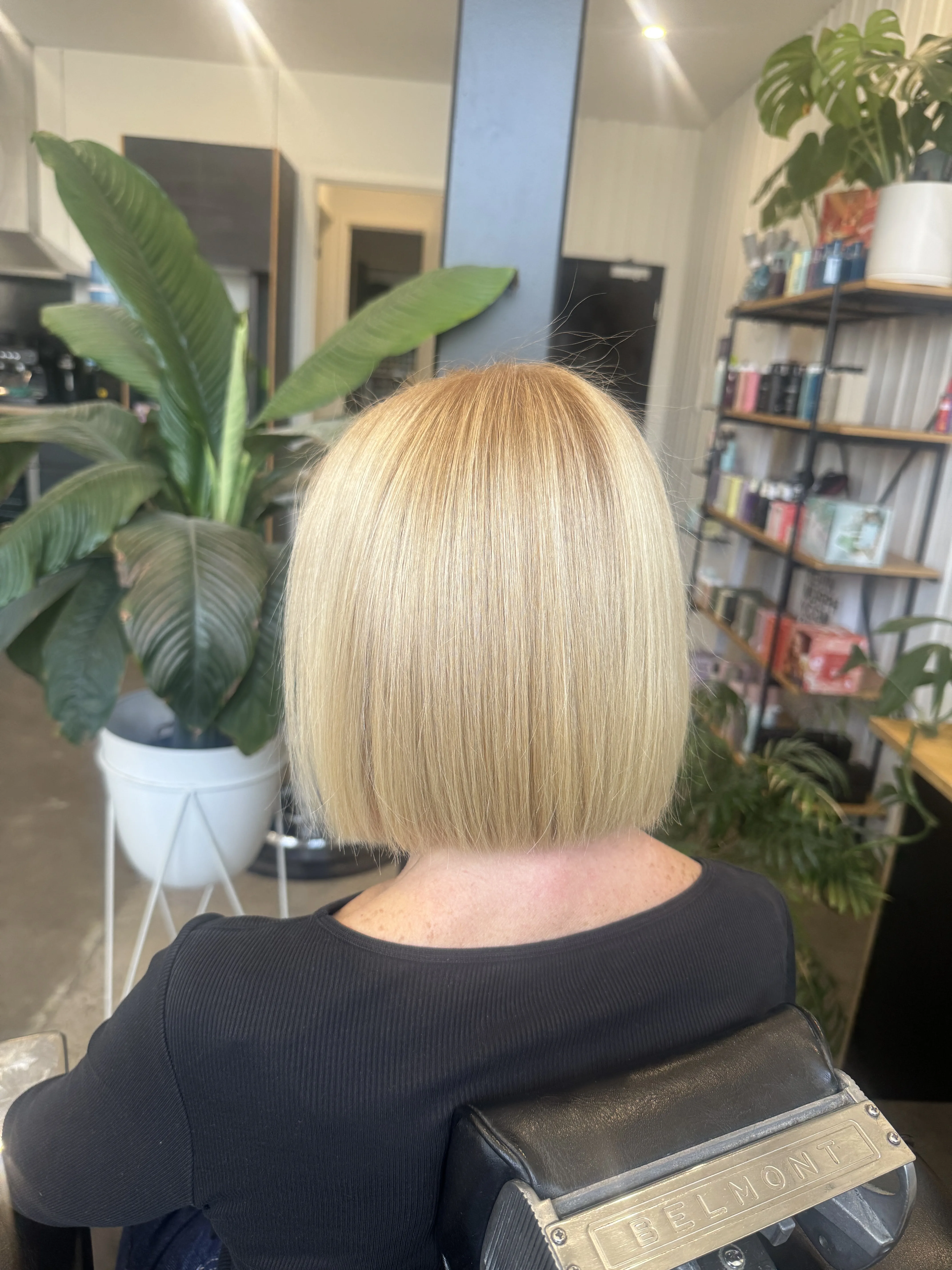 In-salon client result — back of head, sleek platinum blunt bob